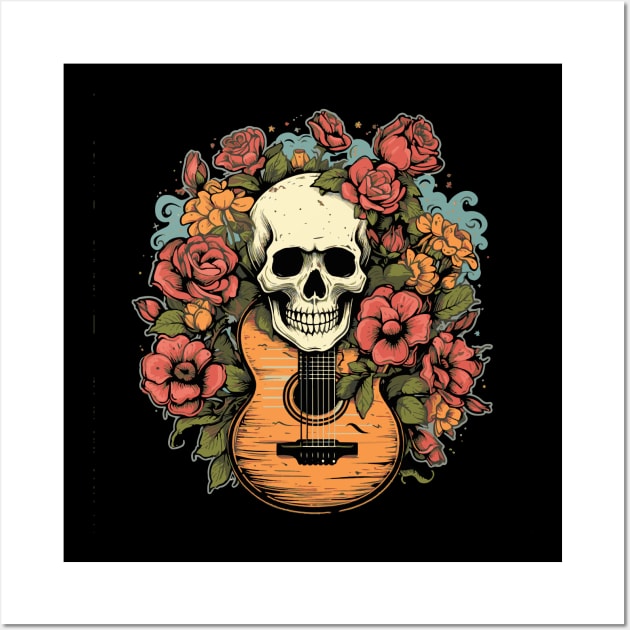 Skull Flowers and a Guitar Wall Art by TOKEBI